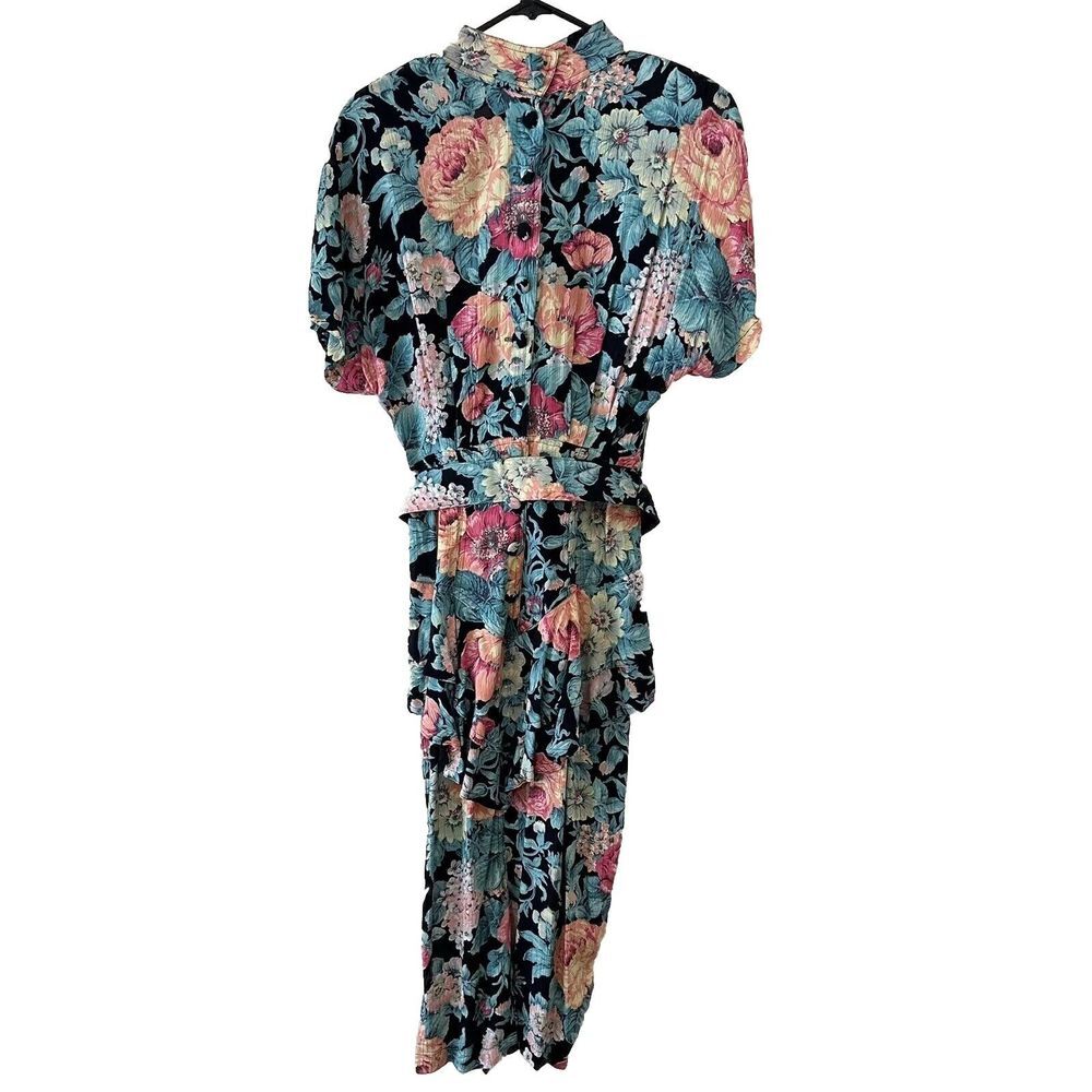 Vintage Karen Alexander Pintuck Ruffle Peplum Floral Viscose BeltedSlit Dress 10 - Picture 11 of 16